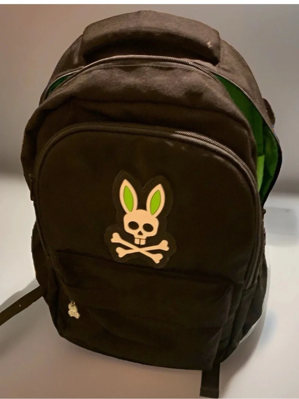 Psycho Bunny Black Backpack Green Lined Zip Skull Bunny Logo Padded Strap